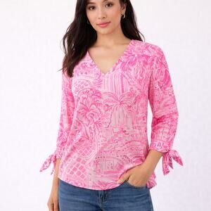 Lilly Pulitzer Pamala Top XS Pink Blossom Palm Beach Paradise 3/4 Sleeve